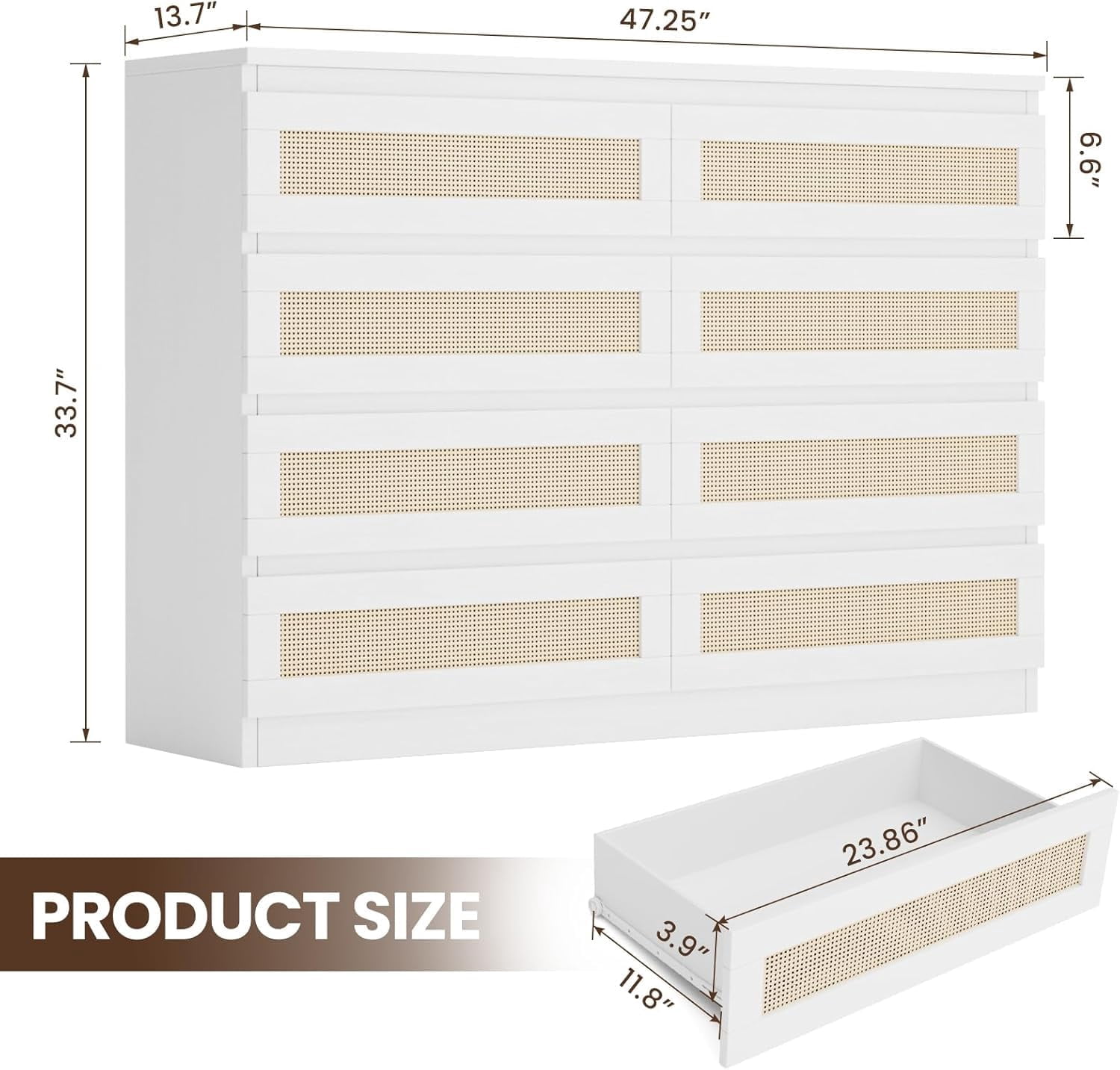 Kicctian 47 Inch Rattan 8-Drawer Dresser, Modern Farmhouse Chest, Multi-Functional TV Stand Dresser for Bedroom,Living Room,White