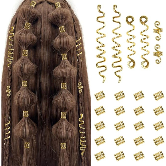 WJCA 26 - Piece Gold Hair Jewelry Set For Women: Loc & Braids Jewelry, Metal Dreadlock Beads with Snake Hair Clips For Stylish Hair Decoration