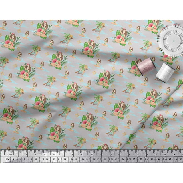 Soimoi Gray Moss Georgette Fabric Palm Tree & Girl Beach Fabric Prints By Yard 42 Inch Wide
