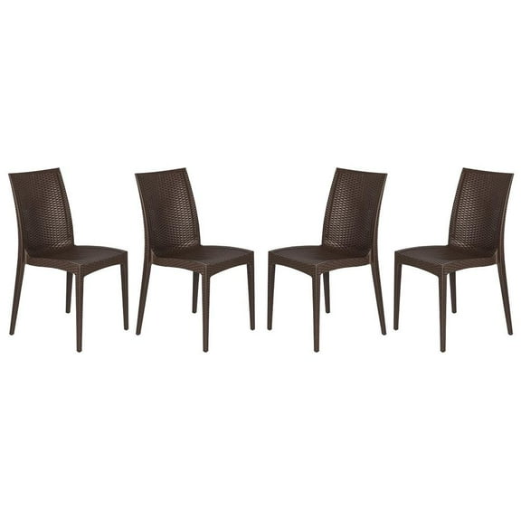 LeisureMod Modern Weave Mace Indoor Outdoor Dining Chair in Brown Set of 4