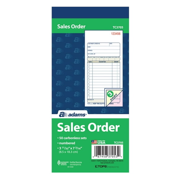 Adams Sales Order Book, 3-Part, Carbonless, White/Canary/Pink, 3-11/32 x 7-3/16 Inches, 50 Sets per Book (TC3705)
