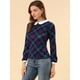 thumbnail image 4 of INSPIRE CHIC Blusaa Cuadros Cuello Peter Pan Manga Abullonada En Contraste Camisa Para Mujer Morado M, 4 of 6