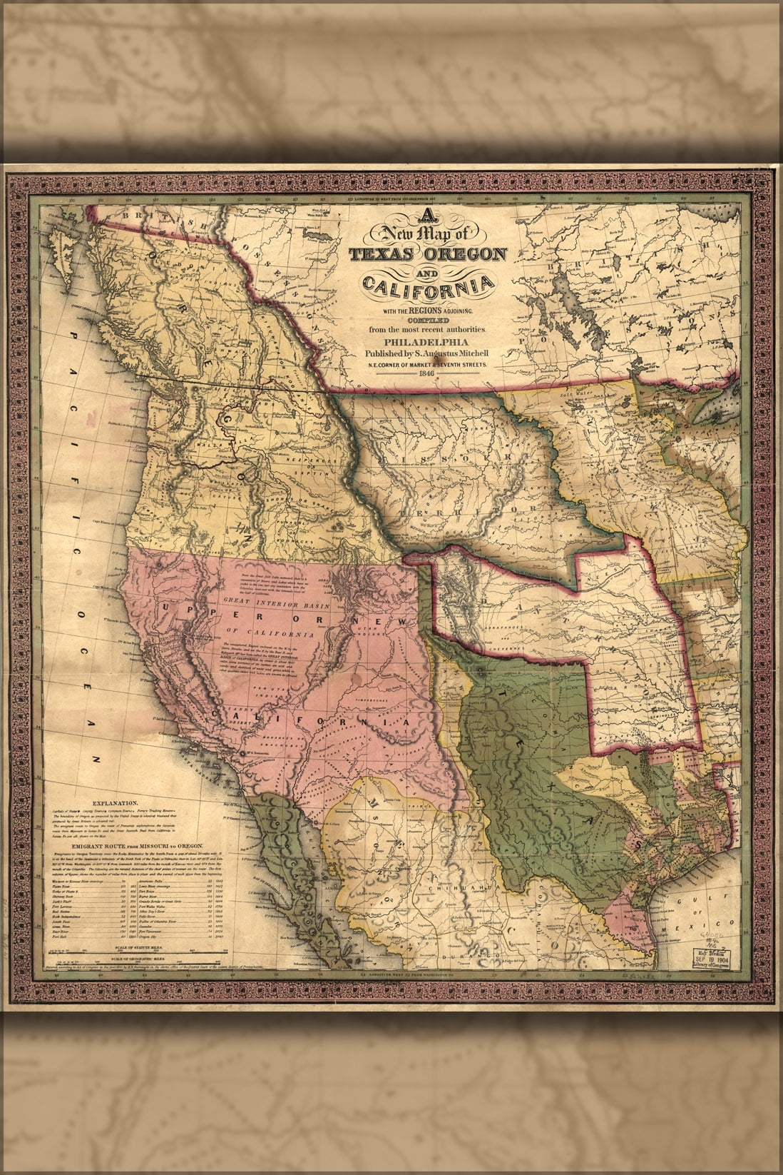 24"x36" Gallery Poster, map of Texas Oregon California washington 1846 ...