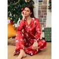 thumbnail image 5 of Red Womens Christmas Pajama Set Faux Silk Reindeer & Snowflake Print Long, 5 of 7
