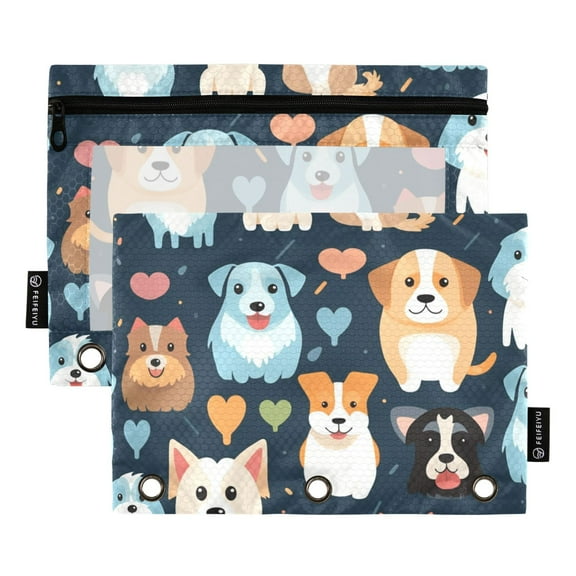 2 Pack Pencil Pouch for 3 Ring Binder Cute Cartoon Dogs Pencil Case Clear Window Zipper Pencil Bag Organizers