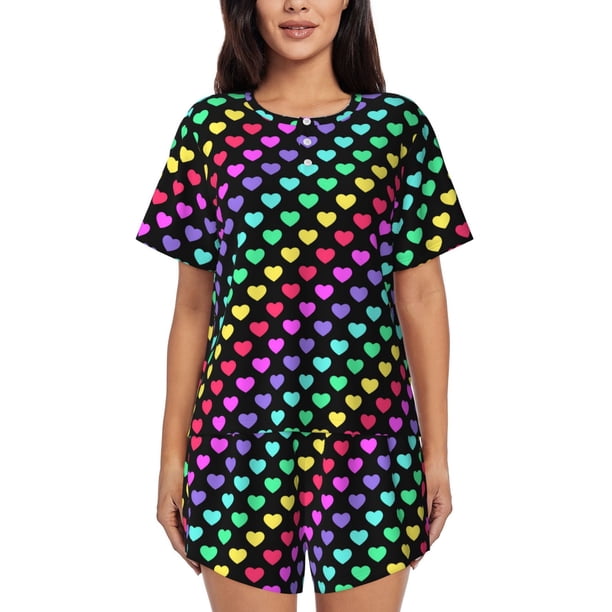 Balery Rainbow Hearts Conjunto de Pijama para Mujer con Estampado, Dos Piezas de Manga Corta y Shorts, Ropa de Dormir Suave con Cuello Redondo y Bolsillos-Medium