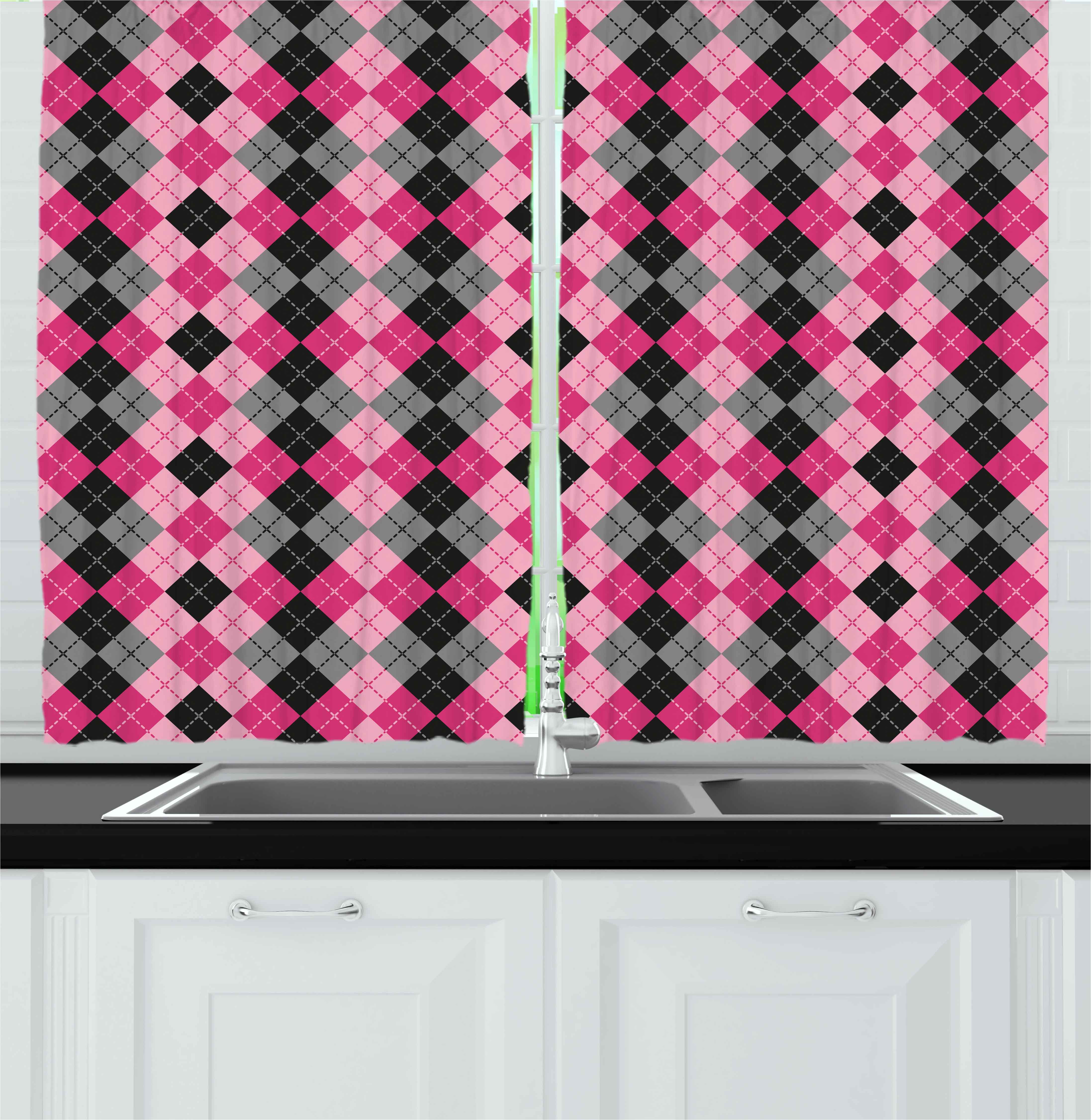 Abstract Curtains 2 Panels Set, Argyle Motif with Diamonds and Lozenges