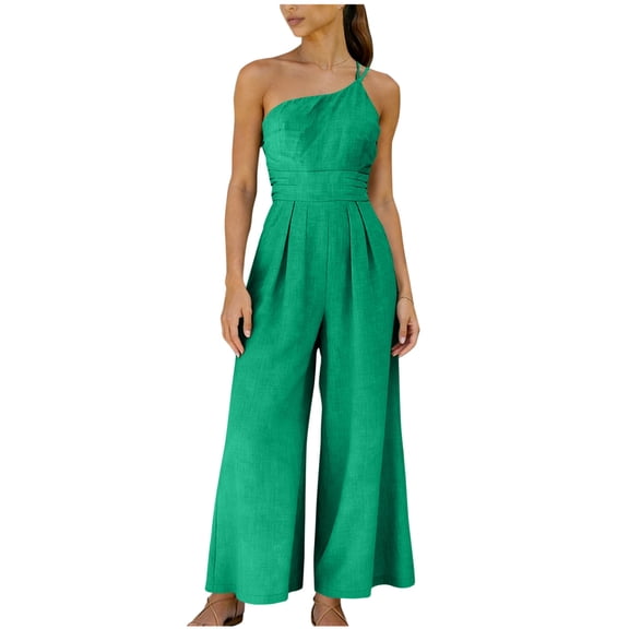 DeHolifer Rompers for Women Elastic Waist One Shoulder Sleeveless Dressy Jumpsuits Wide Leg Pants Jumpers Vacation Clothes Green XL