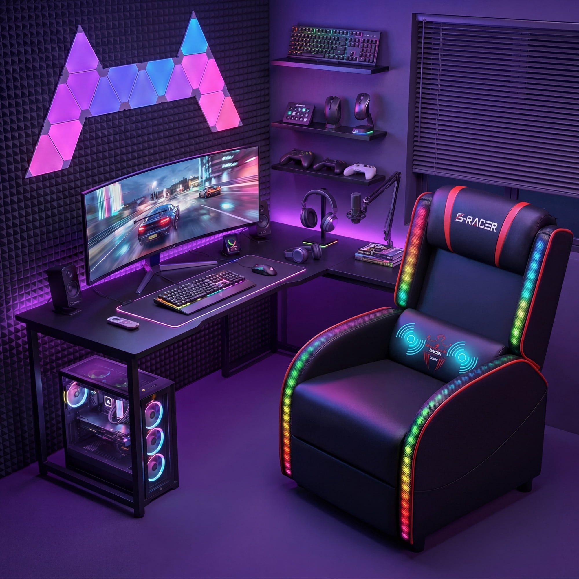 Furmax RGB LED Lights Gaming Massage Recliner Chair Racing Style Single Living Room Sofa Ergonomic Home Theater Seating with Massage Lumbar Support, Red