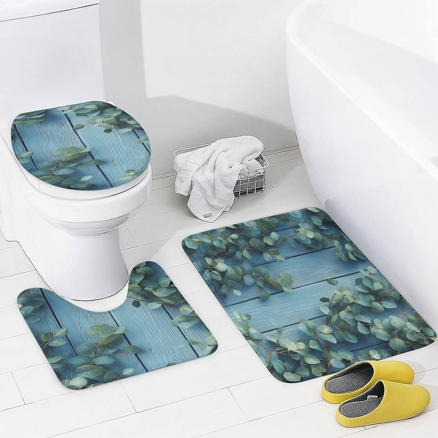 Bathroom Shower Curtain Sets with Rugs, Eucalyptus Leaves Pattern Printed on Bath Sets for Bathroom Accessories, Perfect for Bathroom Hotel Dorm Spa Home, 72 x 72 inches