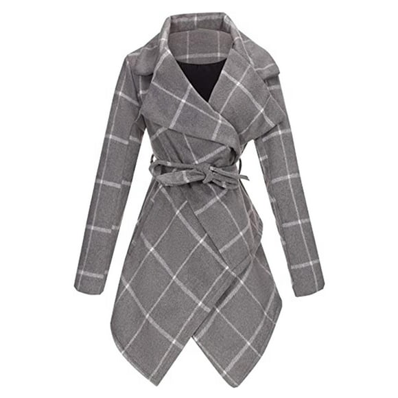 BYHONG Women's Turn Down Collar Coat Belted Wool Blend Coat Asymmetric Hem Wrap Coat Coat for Women Grey L