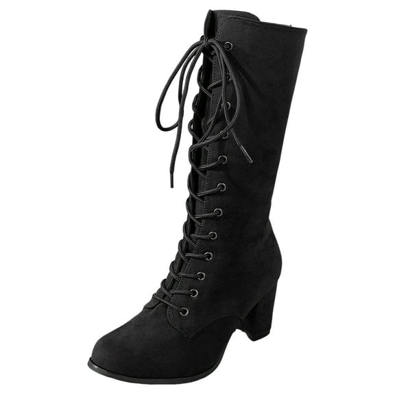 YLYL Women Mid Calf Boots Lace up Chunky High Heel Vintage 70s Victorian Goth Renaissance Witch Cosplay Boots