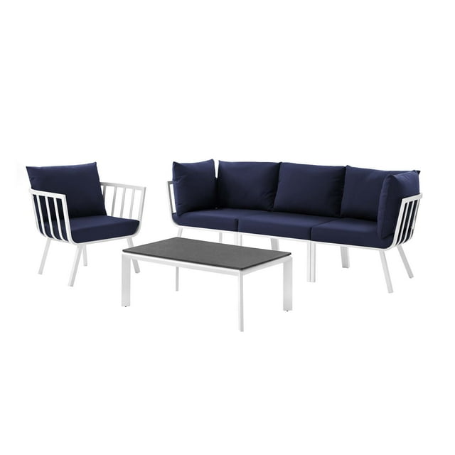 Lounge Sectional Sofa Chair Set, Aluminum, Metal, Steel, White Blue Navy, Modern Contemporary Urban Design, Outdoor Patio Balcony Cafe Bistro Garden Furniture Hotel Hospitality
