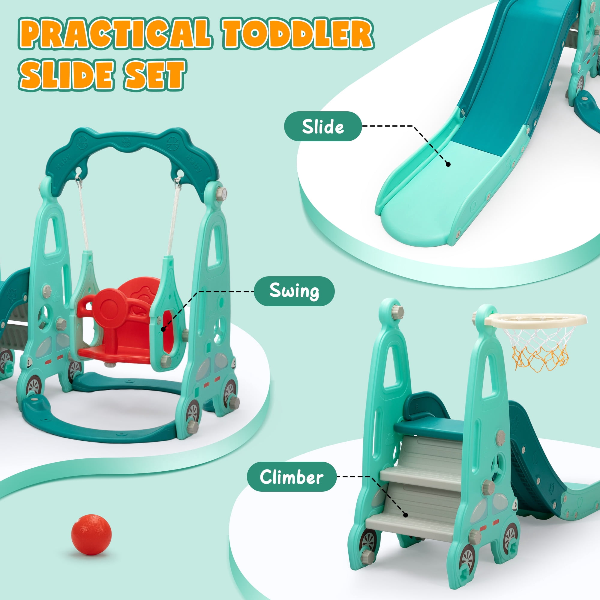 4 in 1 Slide Climber Swing Set, Freestanding Toddler Slide Climber Playset with Basketball Hoop, Toddler Playground Indoor Outdoor, Easy Setup