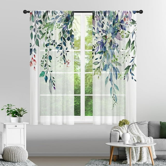 Eucalyptus Leaves Sheer Curtains 63 Inches Long 2 Panels Set, Green Semi Sheer Curtains Light Filtering, Spring Summer Soft Drapes for Bedroom Living Room Dining Room Window, 52" X 63"