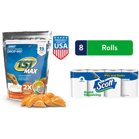 Scott Rapid-Dissolving Toilet Paper (8 Double Rolls)   Camco TST Orange Citrus RV Toilet Treatment Drop-Ins (15 Pack)