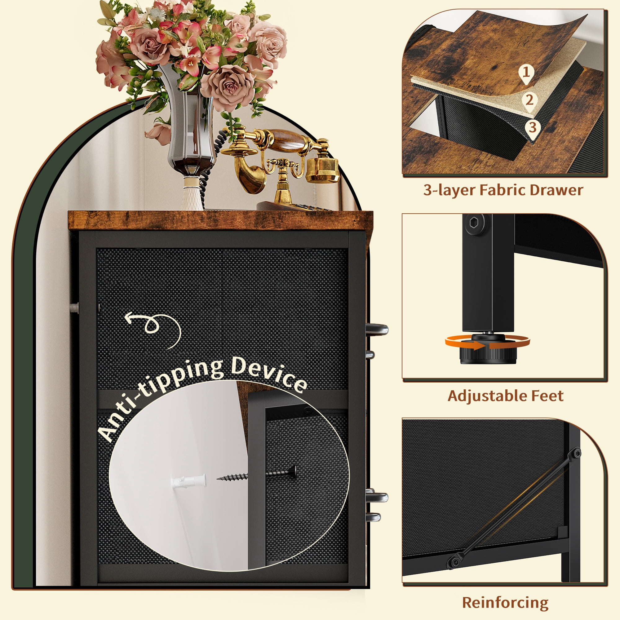Dresser for Bedroom with 13 Fabric Drawers Tall Dresser with LED Light & Charging Station, Rustic Brown