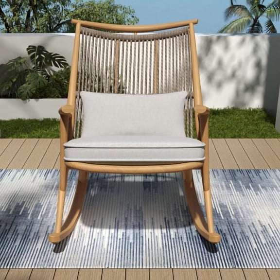 Rocking Chair, Iron Frame Rocking Chair with PE Rattan Backrest and Cushion, Heavy Duty Patio Rocker for Living Room, BedRoom, Porch, Garden, Maple Finish