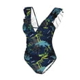 thumbnail image 4 of Yiaed Cartoon Dinosaur Print Women's Ruffled One Piece Swimsuit V Neck Swimwear Slimming Monokini for Woman-Small, 4 of 8