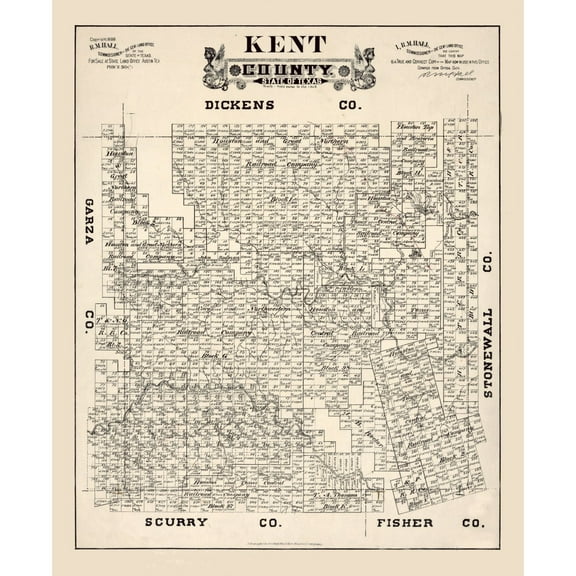 Historic County Map - Kent County Texas - Hall 1888 - Vintage Wall Art
