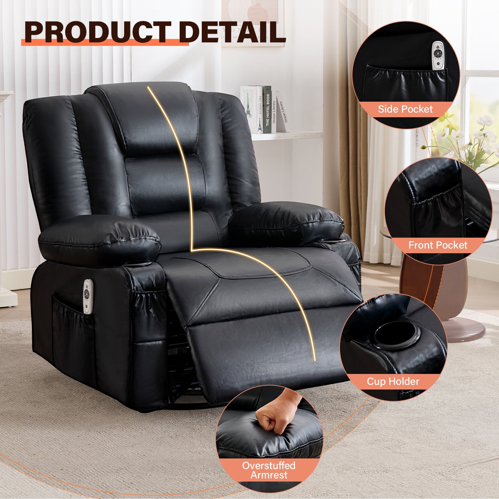 UHOMEPRO Swivel Recliner Chair for Adults, 360° Manual Swivel Rocker Recliner with Massage and Heat, 23 Inch Wide Seat, Overstuffed Armrests, Cup Holders, USB Charging Port and Storage Pockets, Black