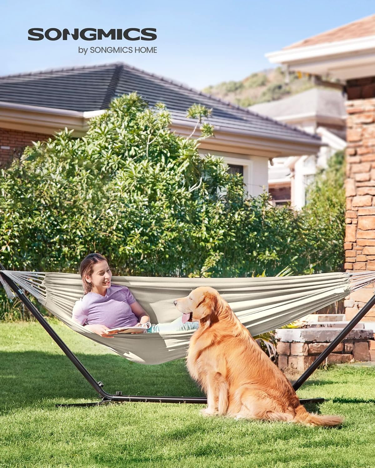 Double Hammock, 98.4 x 59.1 Inches, 660 lb Load Capacity, with Compression Bag, Mounting Straps, Carabiners, for Terrace, Balcony, Garden, Outdoor, Camping, Beige UGDC15M