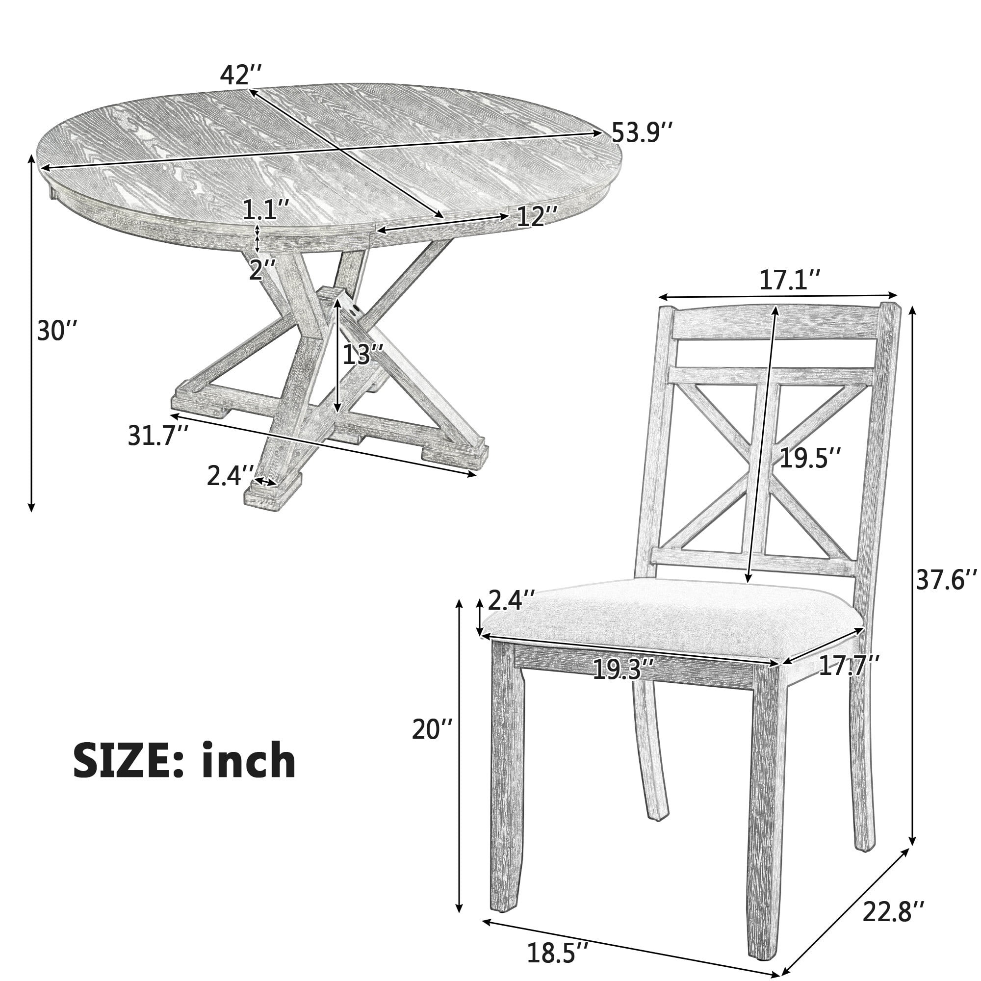 Euroco 5-Piece Retro Dining Table Set with Extendable Round Dining Table and 4 Upholstered Chairs for Dining Room and Living Room,Grey