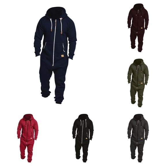 Men's Fleece Hooded Jumpsuit Color Block Zip Up Casual One Piece for Fall Winter
