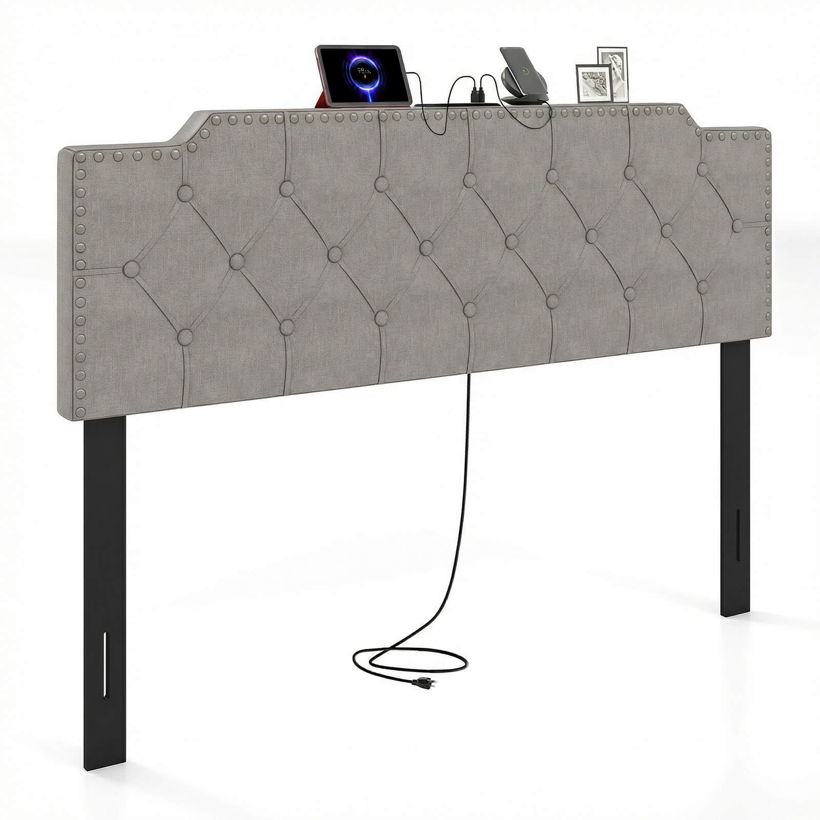Costway Headboard for Queen and Full Size Bed, Rivet Tufted Upholstered Head Board Gray