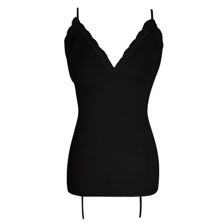 Fadeal Lace Teddy Women Lace V-Neck Bra Thong with Garter Underwear Pajamas Suit Set Lace Dress Black S