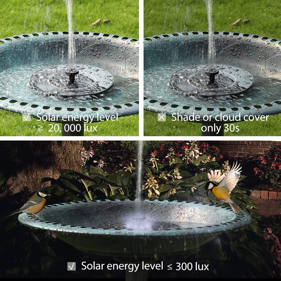 Outdoor Solar Powered Bird Bath Water Fountain Pump for Pool Garden 4 Sprinklers 