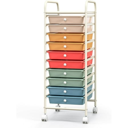 Wubio 10-Drawer Storage Cart w/Universal Wheel Rolling Cart w/Handle Home Organizer Storage Unit w/Removable Drawers Trolley Utility Cart for Kitchen Makeup Office Play Room-Macaron Multicolor