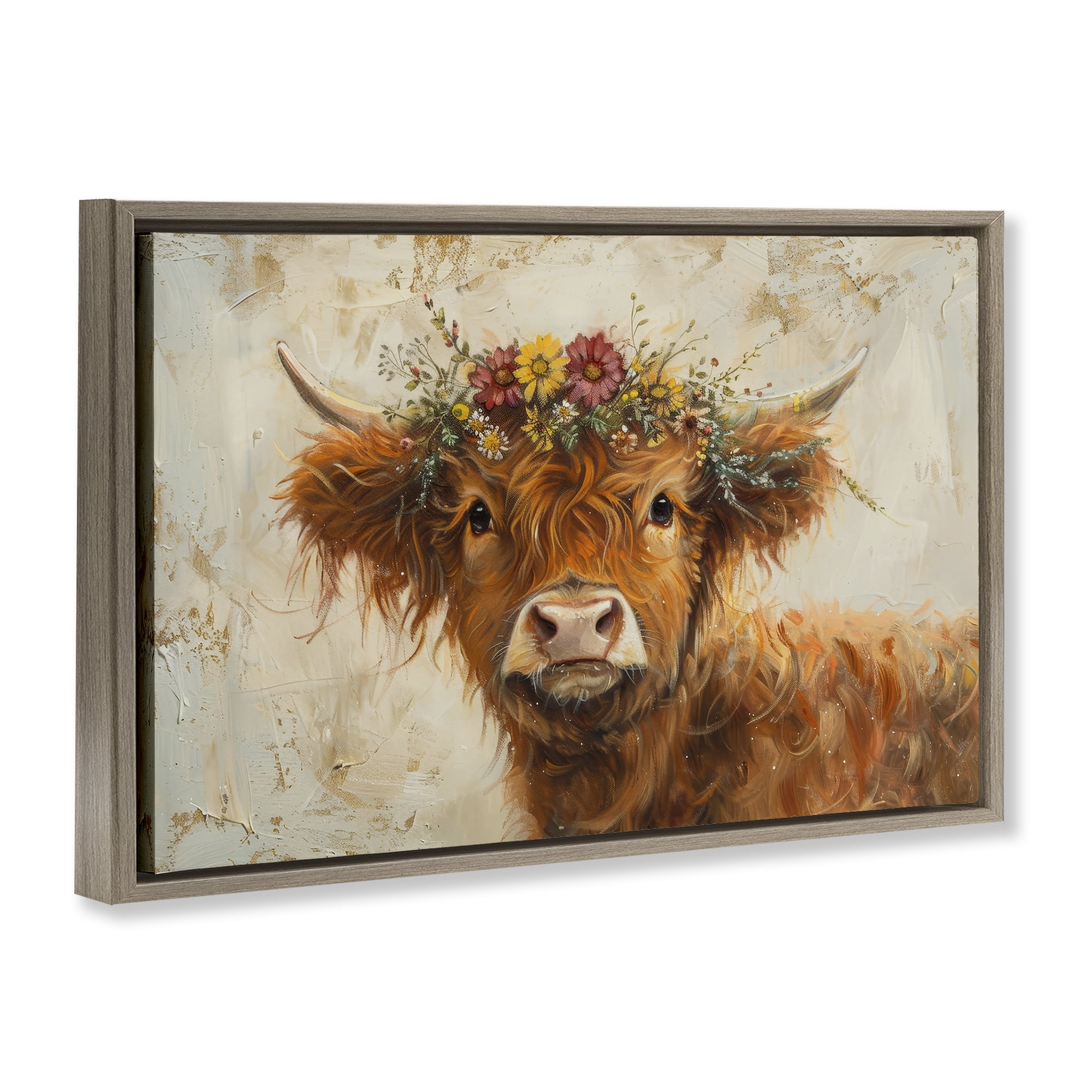 Stupell Industries Floral Crown Highland Animals & Insects Painting Brown Floater Framed Canvas Art Print Wall Art, 31 x 21