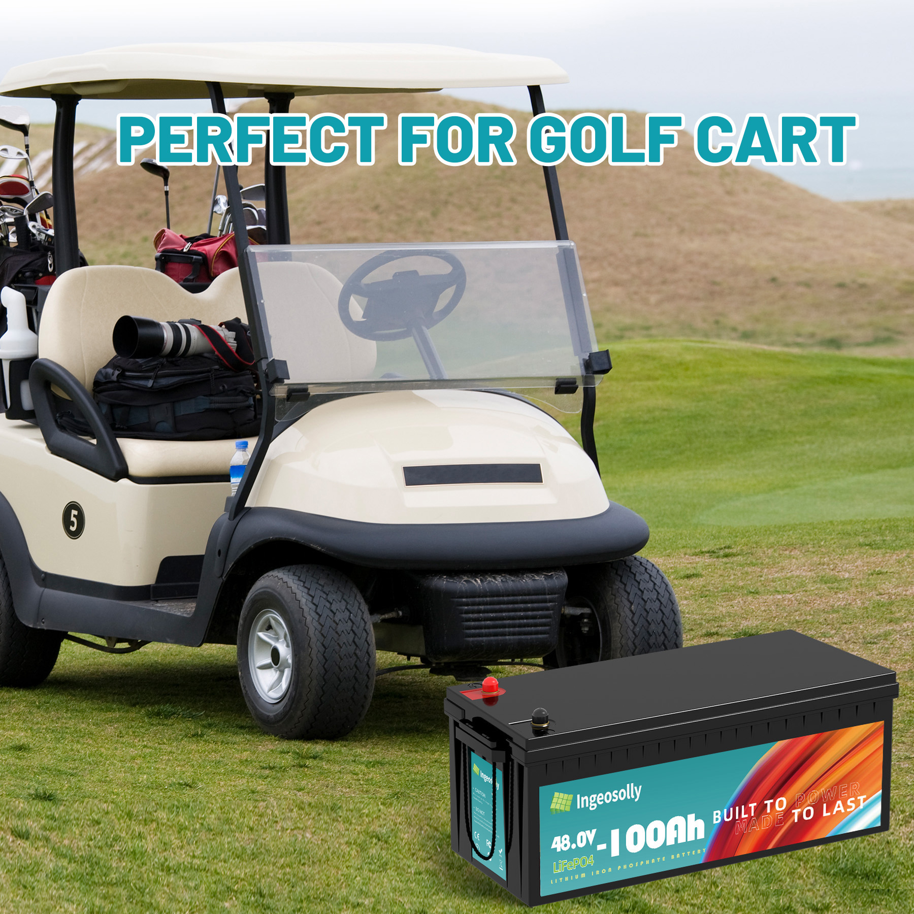 48V 100Ah LiFePO4 Golf Cart Battery,200A BMS,15000 Deep Cycles & 10-Year Lifespan,Ingeosolly Lithium Battery for RV,Marine,Solar,Trolling Motor,Golf Cart