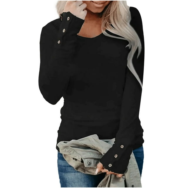 CEHVOM Women Casual Loose Pullover Long Sleeve Button Round Neck Tees Tops