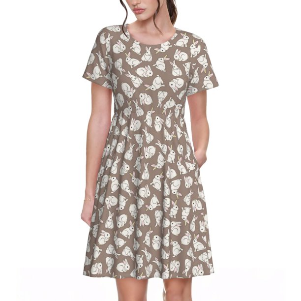 Easygdp Cute Rabbit para Vestido Transpirable de Mujer, Vestido Suelto de Manga Corta con Pliegues y Bolsillos para el Verano