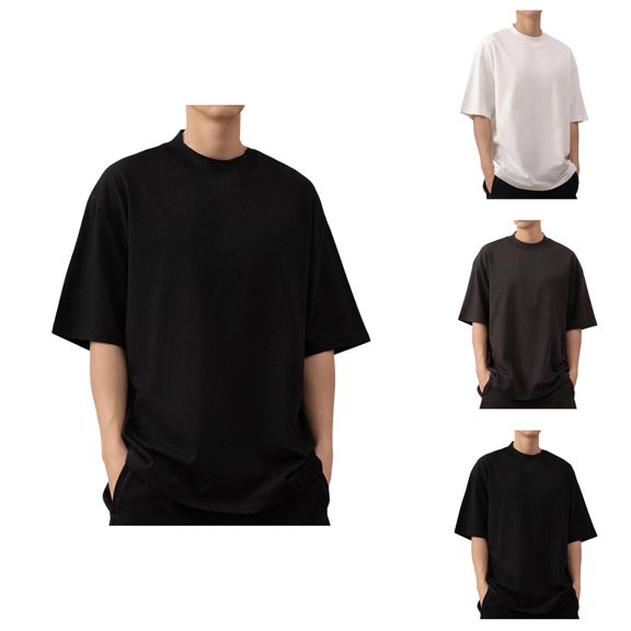 T Shirts for Man Summer Heavyweight Short Sleeve Neck Loose Drop Shouder Basic Plain Cotton Tshirts Mens Tees