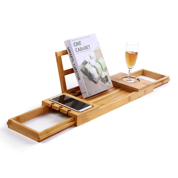 Utoplike Bathtub Caddy Tray, Bamboo Bath tub Tray with Adjustable Arms, Bath Table Holds, Bthtub Trays, Bathroom Trays for Books/Tablets/Cell Phone/Towels/Foods (Natural Bamboo)