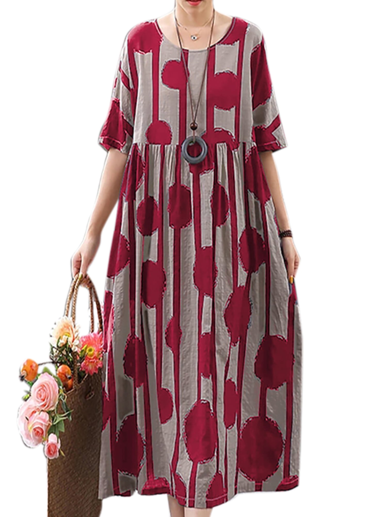 Women Plus Size Print Crew Neck Midi Dress Short Sleeve Loose Casual