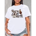thumbnail image 1 of Camiseta informal de manga corta para mujer con estampado de vaquero y caballo, con la inscripción de leopardo "Turn & Burn", cuello redondo, ideal para practicar deporte., 1 of 7