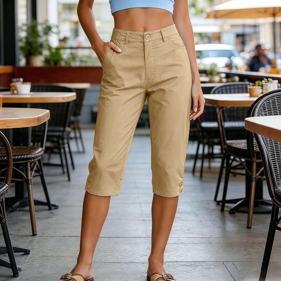 Costeam Womens Mid Rise Button Fly Capri Cargo Pants Side Button Cuff Detail With Side Pockets Twill Fabric Solid Color Straight Leg Cropped Casual Trousers