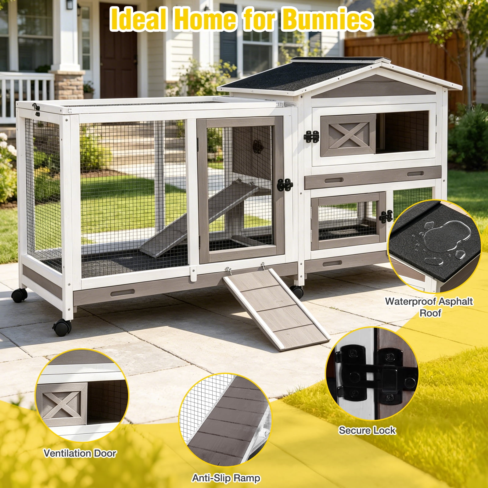 Aivituvin Rabbit Hutch with Wheels for Outdoor & Indoor, 2-Story Bunny Cage Guinea Pig House with Pull Out Tray for Rabbits, Gray