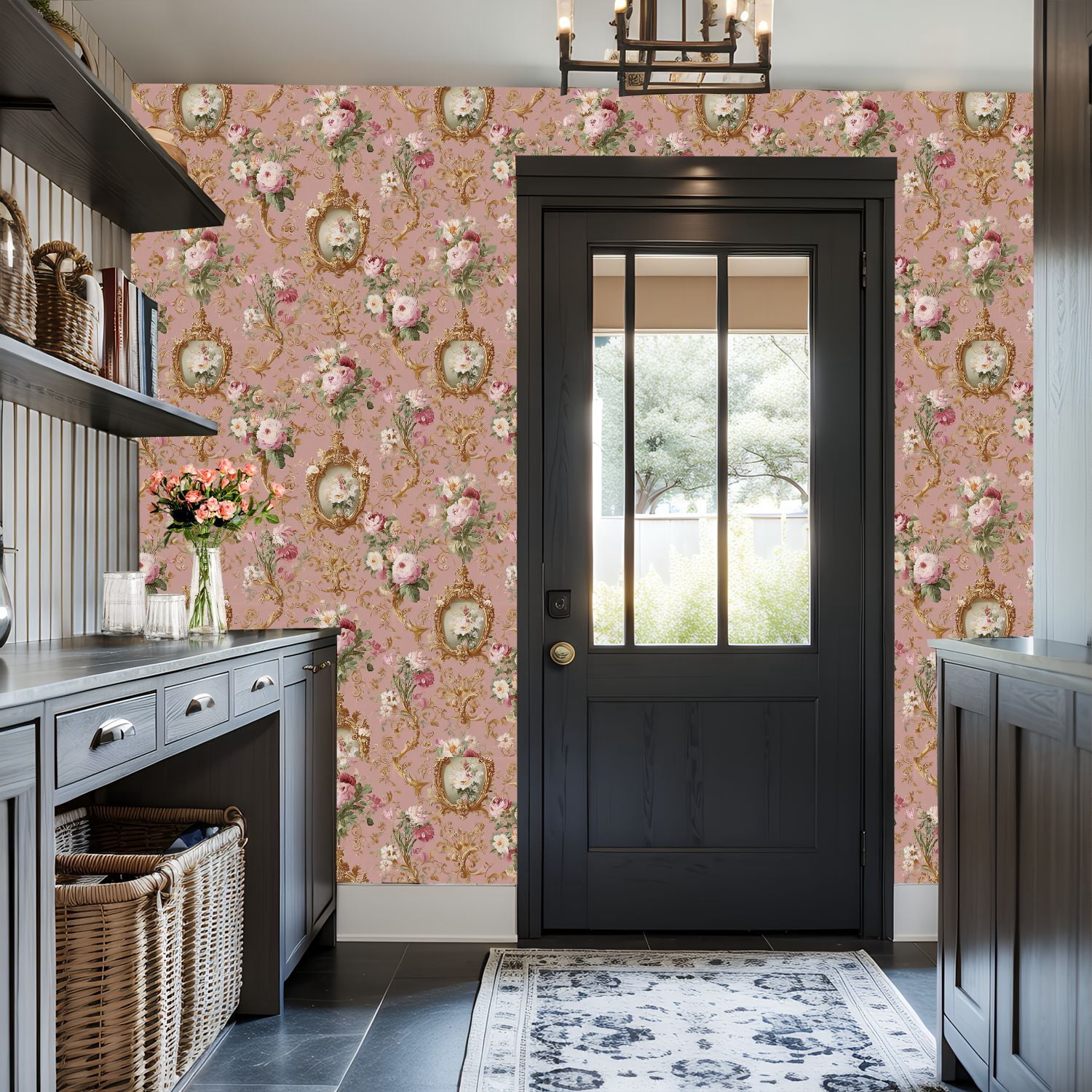 Peel and Stick Wallpaper Vintage Floral Gold Frames Soft Pink Wall Mural 17.7in x 9.8ft Self Adhesive Removable Wall Paper Renter Friendly Wallpaper for Bedroom