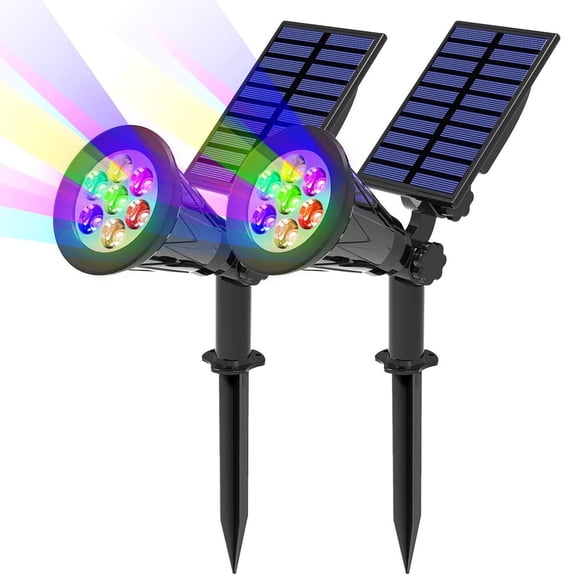 2-in-1 Solar Outdoor Spotlight 7-Color Adjustable Waterproof Garden Spotlight Auto-Sensing Switch with Adjustable Angle Ideal for Patios, Gardens, Driveways, and Pool Areas (2-Pack)