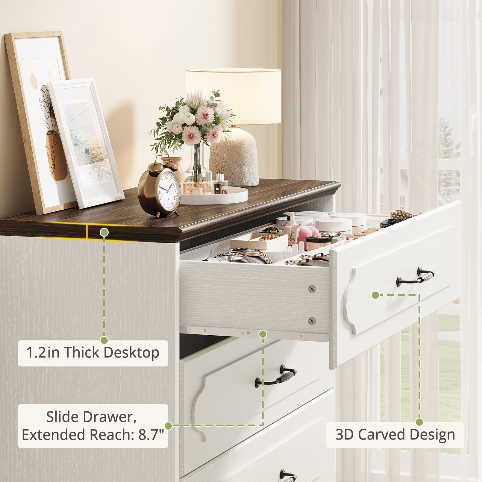 5-Drawer Dresser, White Tall Dresser for Bedroom, Narrow Chest of Drawers, Modern Vertical Storage Cabinet for Closet, Entryway or Living Room