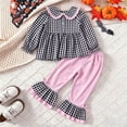 thumbnail image 6 of Rggeeun Halloween Girls Outfits Cute Tops Plaid Shirts Baggy Pants Bow Ruffle Flared Hem Matching Sets Vacation Versatile,Black,4-5 Years, 6 of 8