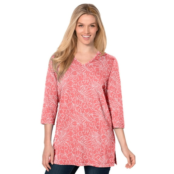 Woman Within Plus Size Perfect Printed Three-Quarter-Sleeve V-Neck Tunic