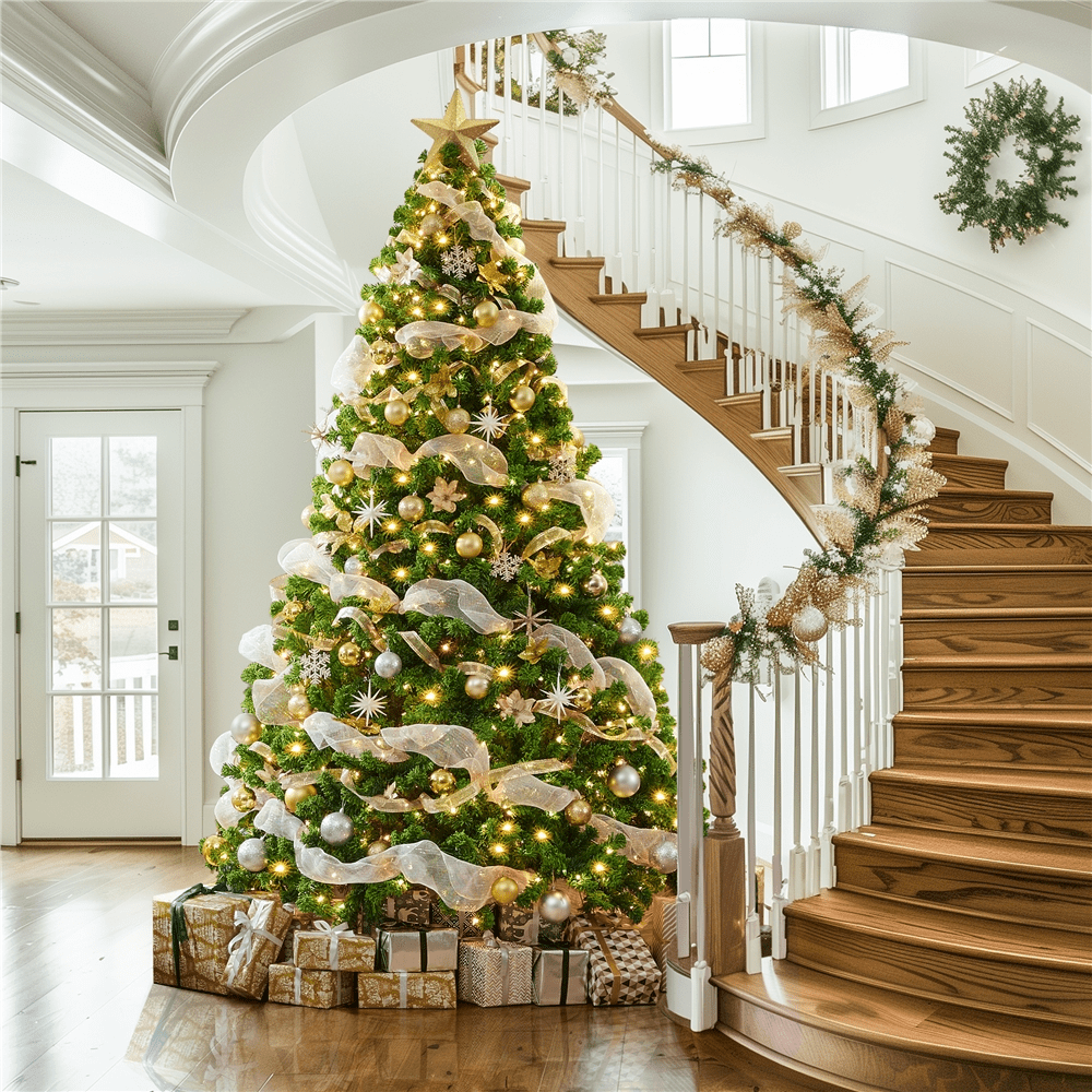 Renwick 9Ft Pre-lit Flocked Artificial Christmas Tree with Foldable Stand, Pure Green
