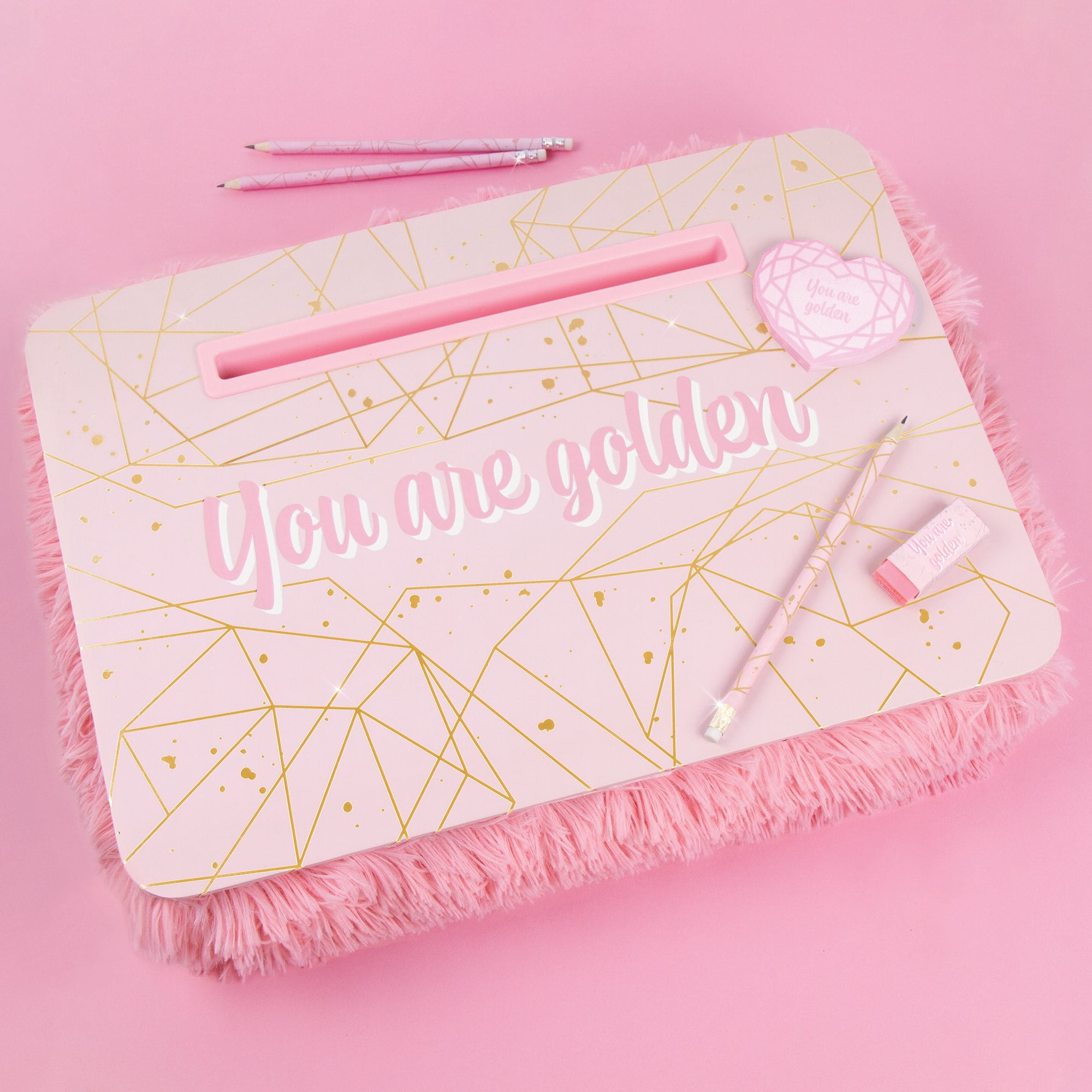 Three Cheers for Girls: Pink & Gold Deluxe Fur Portable Lap Desk -  W/ Handle & Versatile Media Slot - 12” x 17”,  Perfect For Fun & Homework, Ages 6+