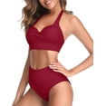thumbnail image 3 of Women Two Piece Vintage Swimsuit Retro Halter Ruched High Waist Bikini with Bottom, 3 of 11